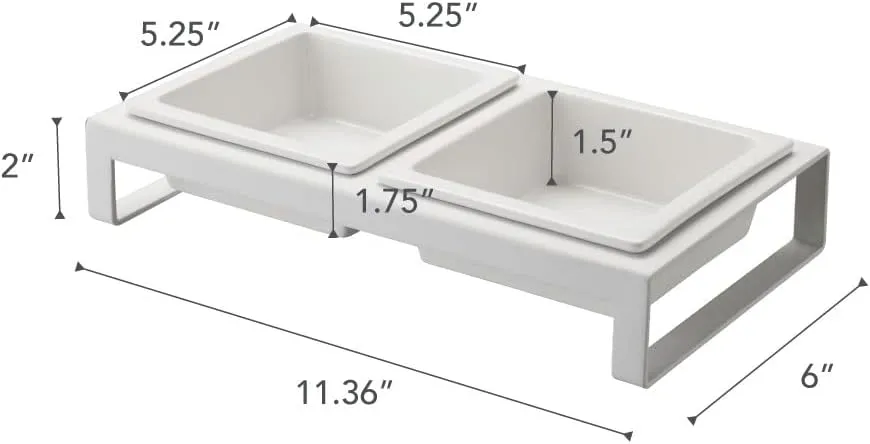 Yamazaki Home Tower Steel and Ceramic Pet Food Stand | 2 Bowls for Food and Water | Feeder for Small Cats and Dogs | Non-Slip - Short - 1.25 Cups, 300 Milliliters Per Bowl, White