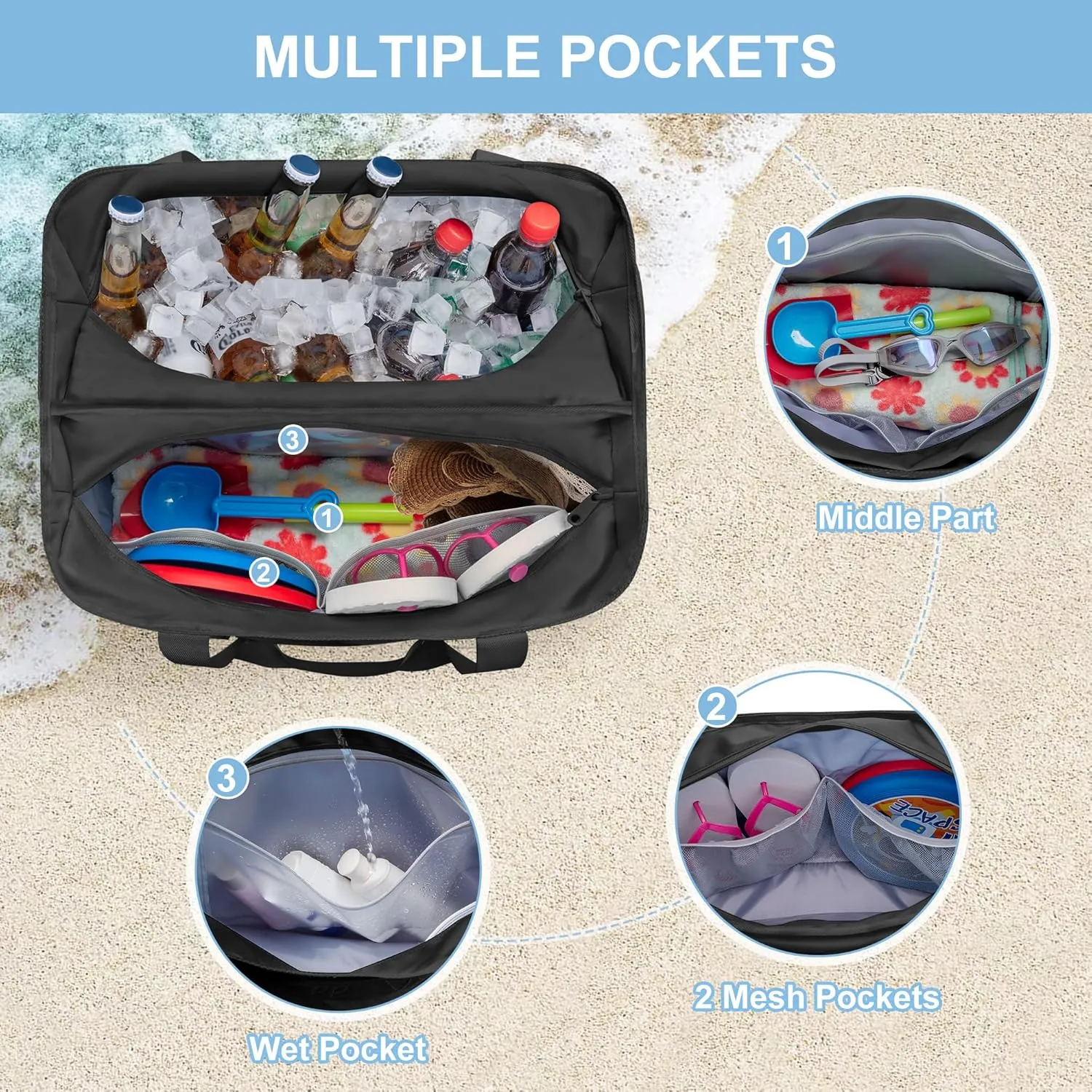 Yarwo Large Beach Bag with Cooler Section, XL Beach Vacation Tote Bag with Wet Dry Pockets and Luggage Strap for Swim, Pool