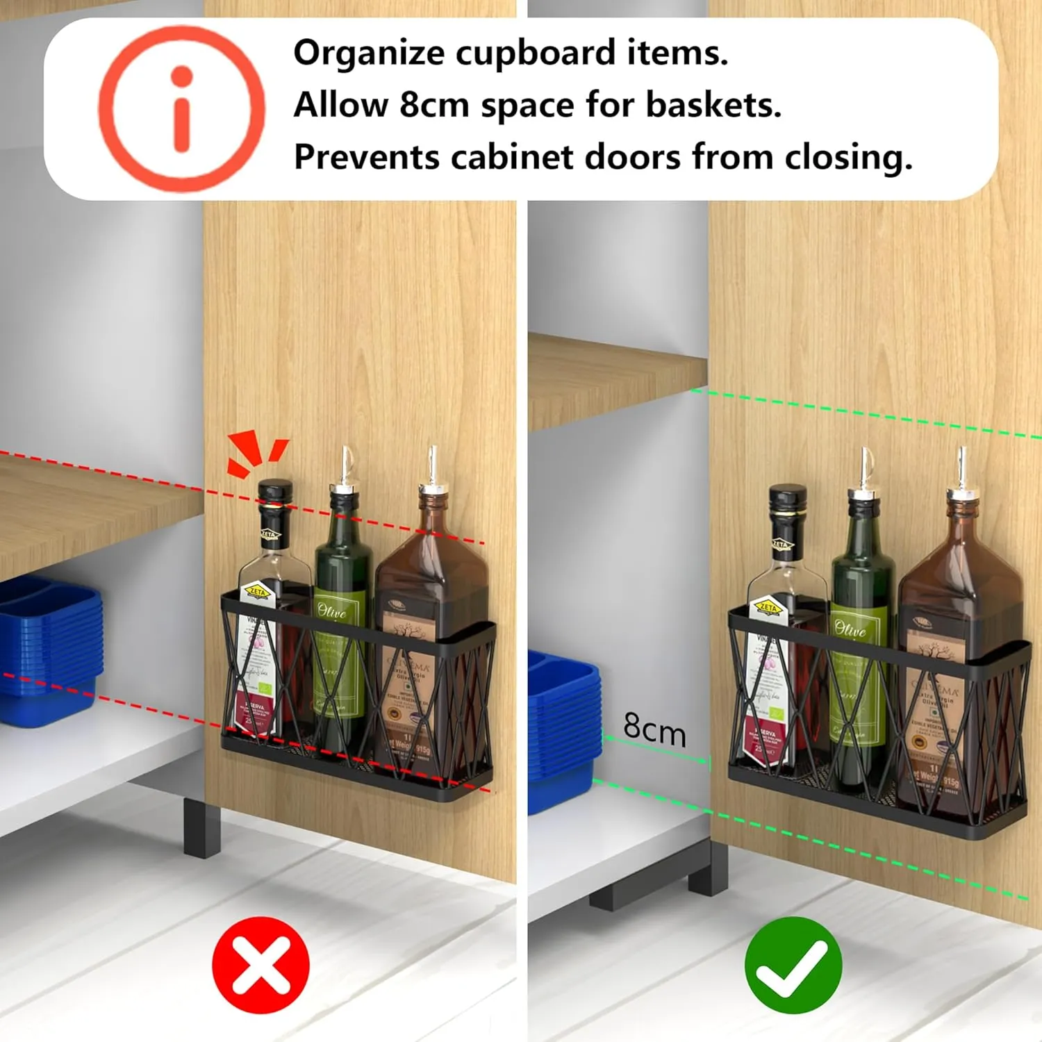 YIGII 3 Pack Adhesive Cabinet Organizer - Wall Mounted Pantry Door Organizer Bin Holder for Tupperware Lid Kitchen Wall Under Sink Basket Slim Space Black Stainless Steel
