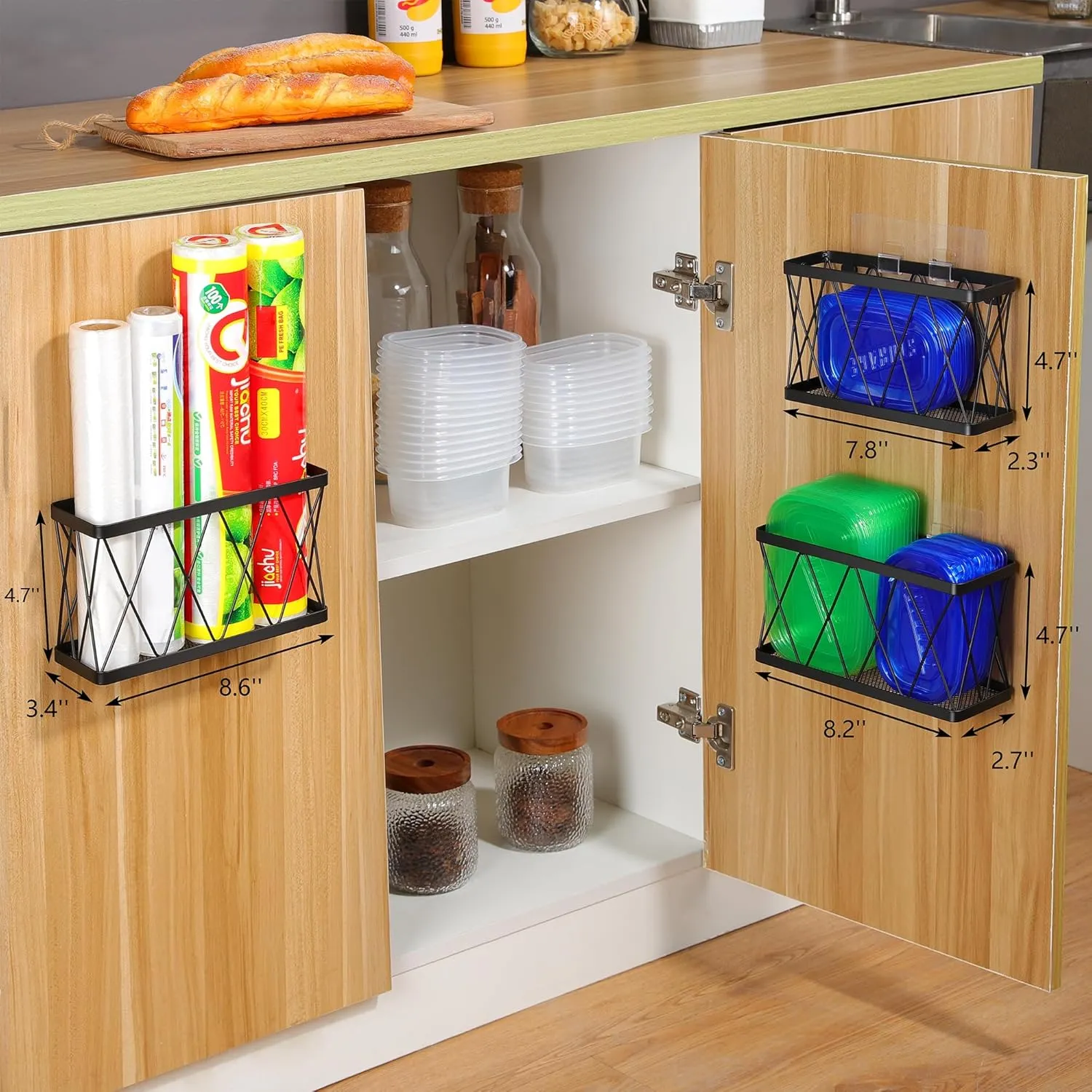 YIGII 3 Pack Adhesive Cabinet Organizer - Wall Mounted Pantry Door Organizer Bin Holder for Tupperware Lid Kitchen Wall Under Sink Basket Slim Space Black Stainless Steel