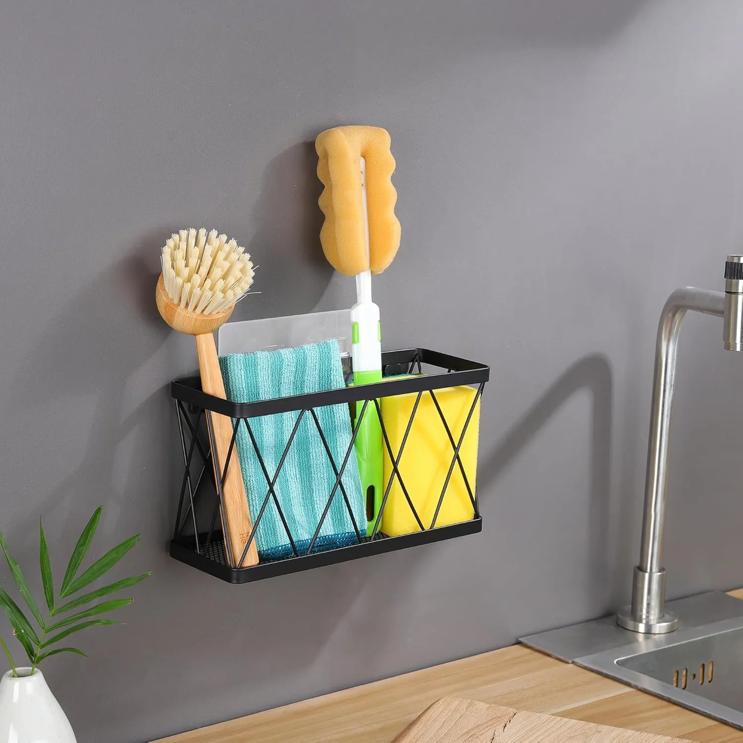 YIGII 3 Pack Adhesive Cabinet Organizer - Wall Mounted Pantry Door Organizer Bin Holder for Tupperware Lid Kitchen Wall Under Sink Basket Slim Space Black Stainless Steel