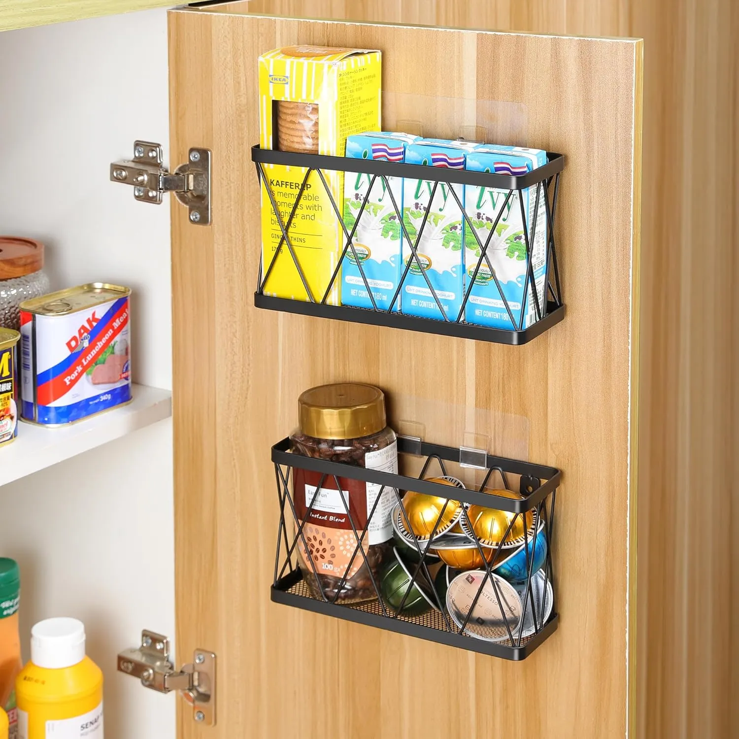YIGII 3 Pack Adhesive Cabinet Organizer - Wall Mounted Pantry Door Organizer Bin Holder for Tupperware Lid Kitchen Wall Under Sink Basket Slim Space Black Stainless Steel