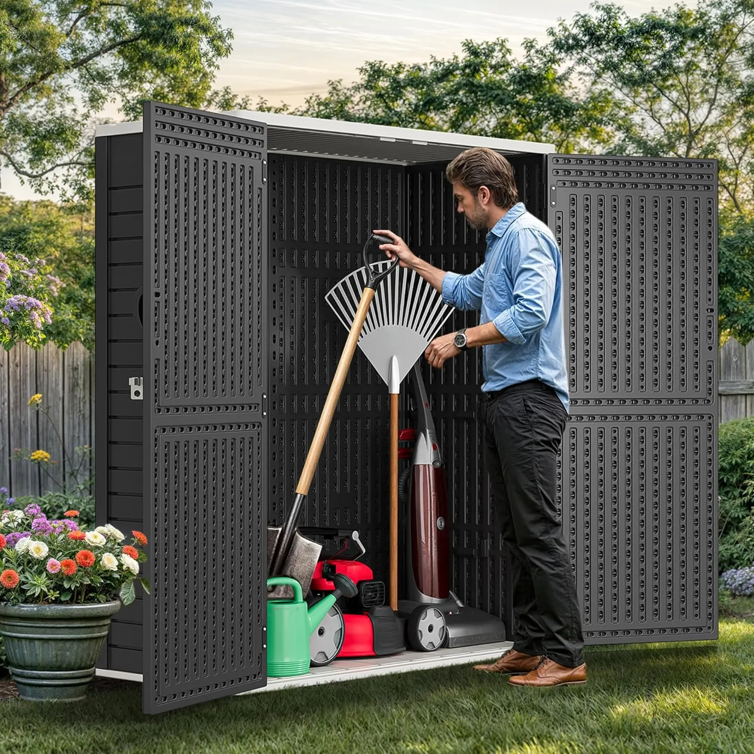 YITAHOME 59 Cuft Outdoor Tall Storage Shed, Waterproof Vertical Resin Shed for Garden, Garage, Patio, Lockable Tool Storage, No Shelves Included, Dark Gray