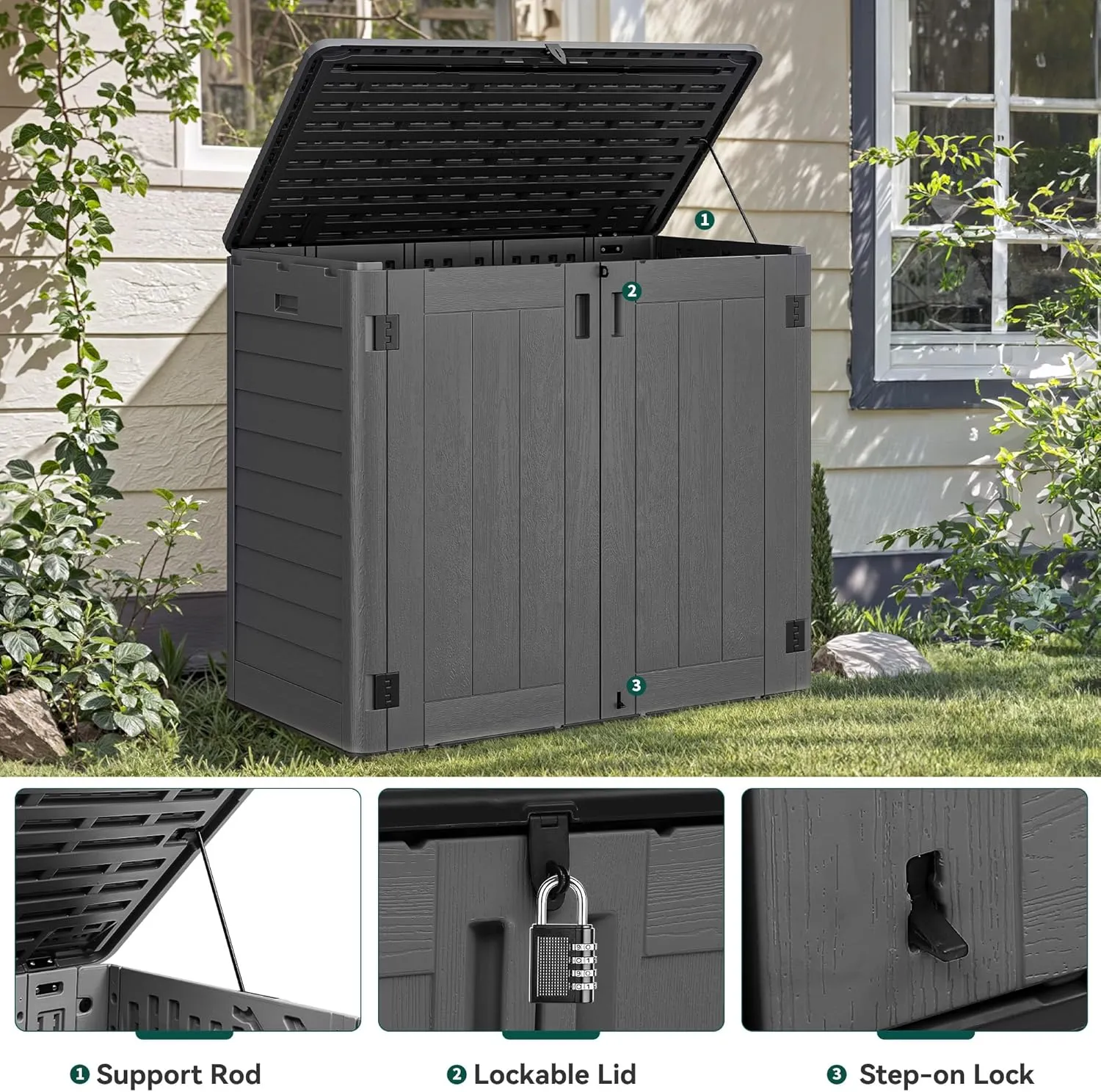 YITAHOME Outdoor Storage Shed w/o Shelf, 30 cu ft Horizontal Storage Shed Outdoor, Resin Waterproof Storage Cabinet for Garage, Poolside, Bikes, and Garden (Dark Gray   Black)
