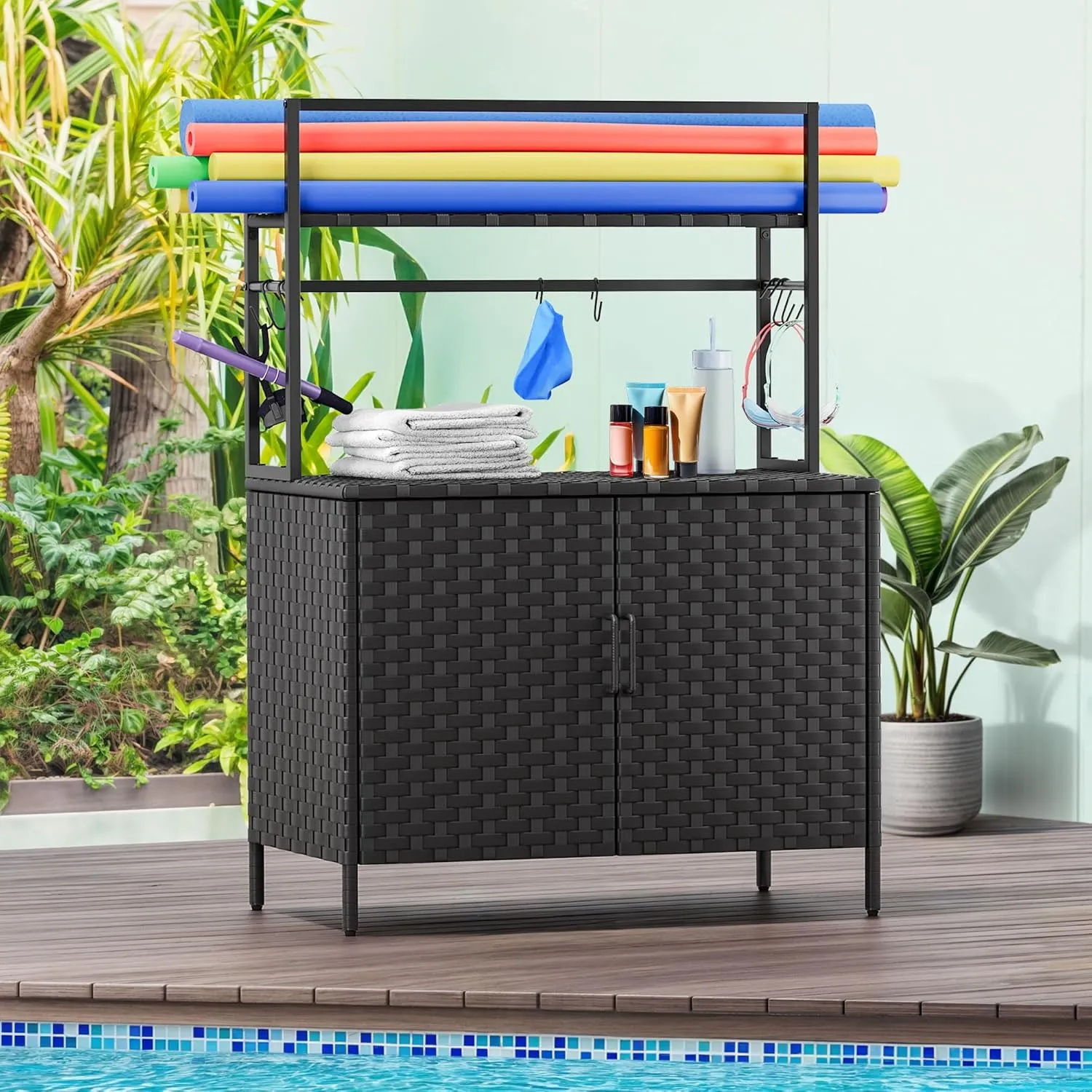 YITAHOME Wicker Pool Storage Bin Outdoor Waterproof, Heavy-Duty Storage Organizer Multi-functional for Pool Floats, Patio, Garden, Garage with 6 S-Hooks, Stable Stand (Black)