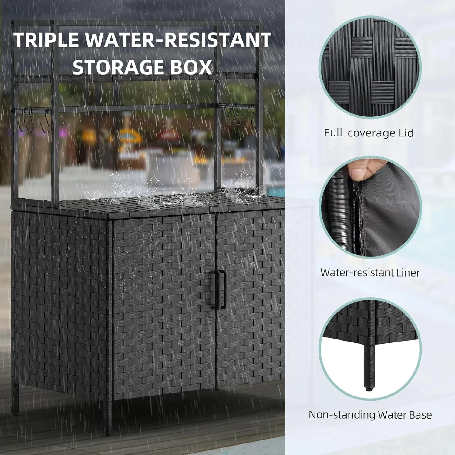 YITAHOME Wicker Pool Storage Bin Outdoor Waterproof, Heavy-Duty Storage Organizer Multi-functional for Pool Floats, Patio, Garden, Garage with 6 S-Hooks, Stable Stand (Black)