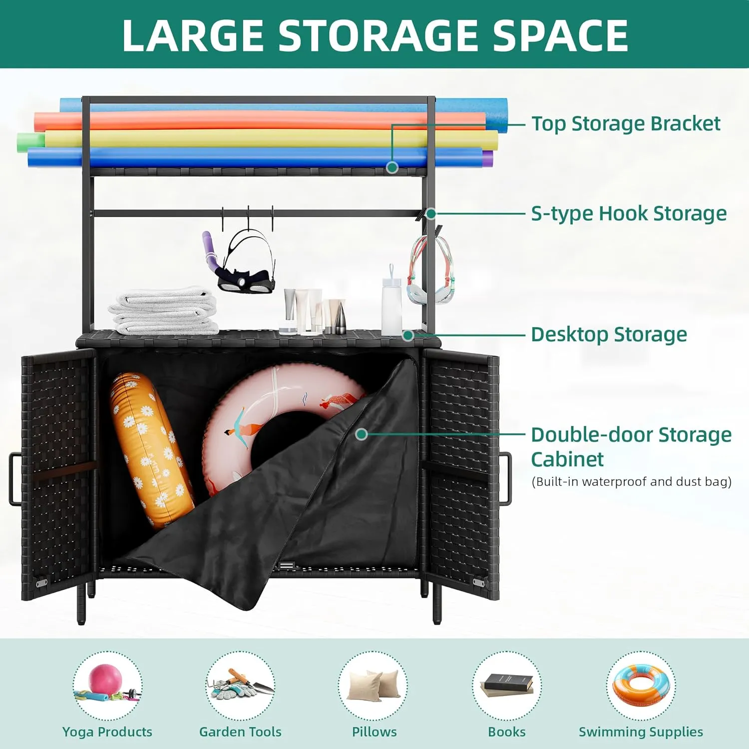 YITAHOME Wicker Pool Storage Bin Outdoor Waterproof, Heavy-Duty Storage Organizer Multi-functional for Pool Floats, Patio, Garden, Garage with 6 S-Hooks, Stable Stand (Black)