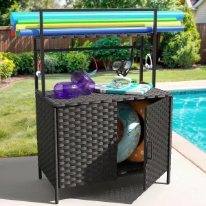 YITAHOME Wicker Pool Storage Bin Outdoor Waterproof, Heavy-Duty Storage Organizer Multi-functional for Pool Floats, Patio, Garden, Garage with 6 S-Hooks, Stable Stand (Black)