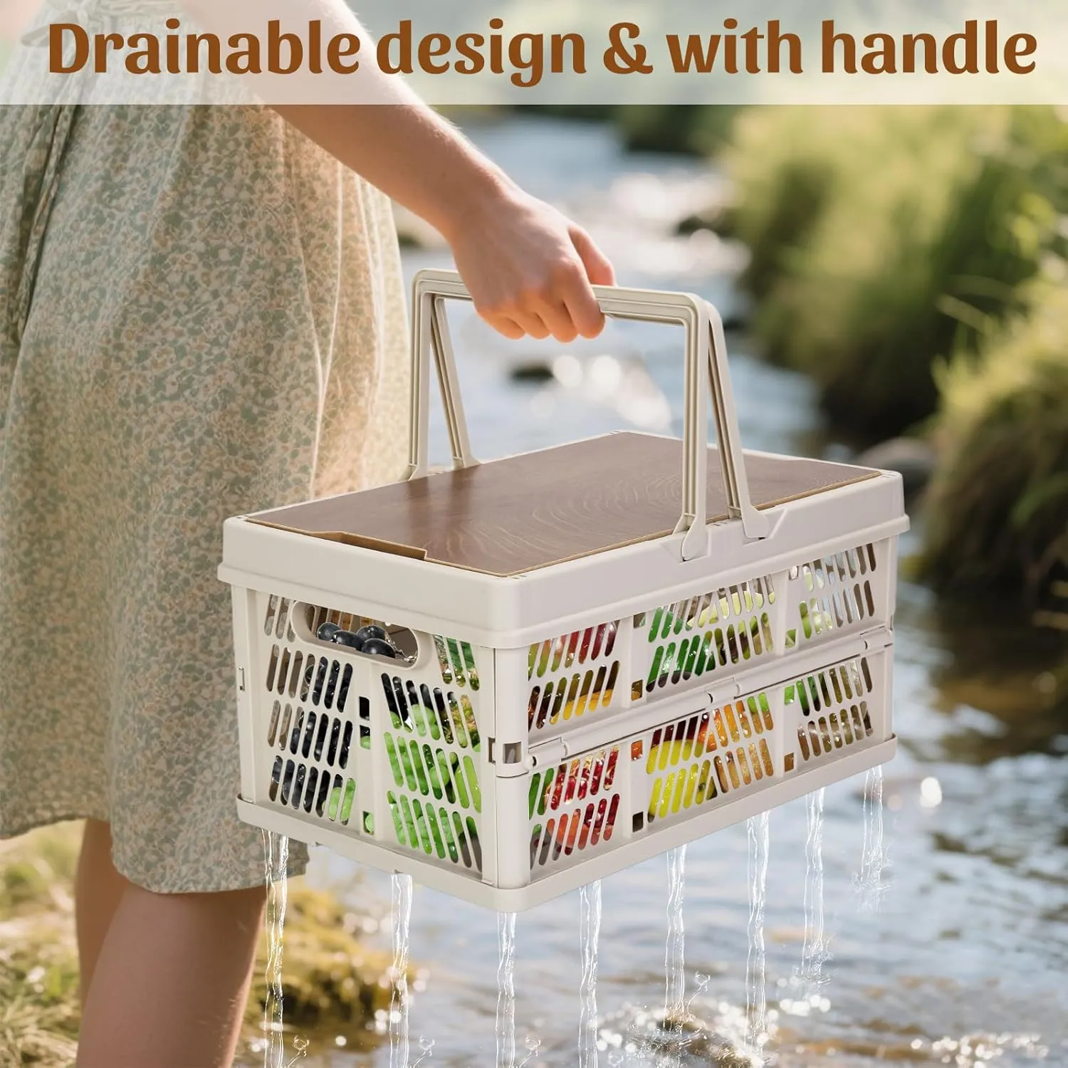 Yummy Sam Collapsible Storage Bin with Wooden Lid & Handle, 18L Portable Plastic Storage Crate, Hollow Out Design, for Camping, Outdoor Gatherings and Travel, for Father's Day, Beige