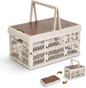 Yummy Sam Collapsible Storage Bin with Wooden Lid & Handle, 18L Portable Plastic Storage Crate, Hollow Out Design, for Camping, Outdoor Gatherings and Travel, for Father's Day, Beige