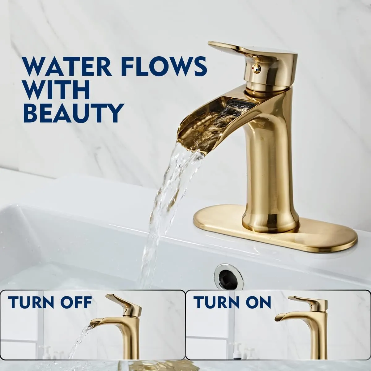 Yundoom Waterfall Bathroom Faucet - Brushed Gold, Single Handle, Pop Up Drain, Vanity Farmhouse Style