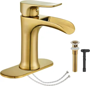 Yundoom Waterfall Bathroom Faucet - Brushed Gold, Single Handle, Pop Up Drain, Vanity Farmhouse Style
