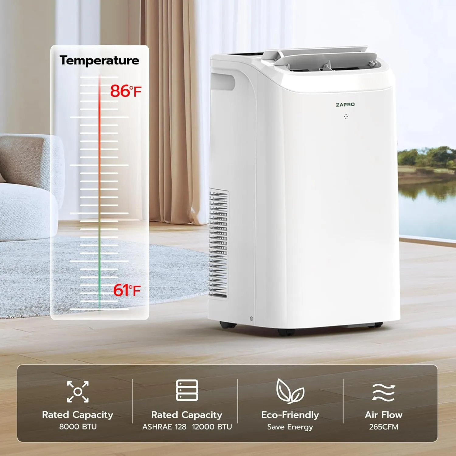 ZAFRO 12,000 BTU (8000 BTU SACC) Portable Air Conditioners with WiFi, 44dB Ultra-Quiet, R32 Eco-Friendly,Fast Cooling in 30s, No Drainage Needed, Filter Cleaning Reminder, 360° Wheels for Home/Office