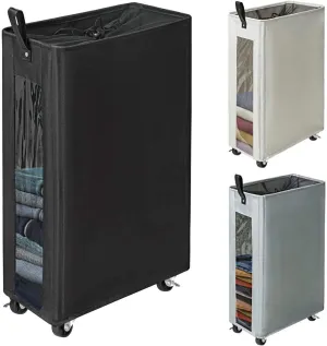 ZERO JET LAG 25 Inches Slim Laundry Storage Hamper - Large Rolling Clothes Hamper - Rolling Storage Bin - Tall Corner Basket - Clear Window Visible - Dirty Laundry Bin - (Black)