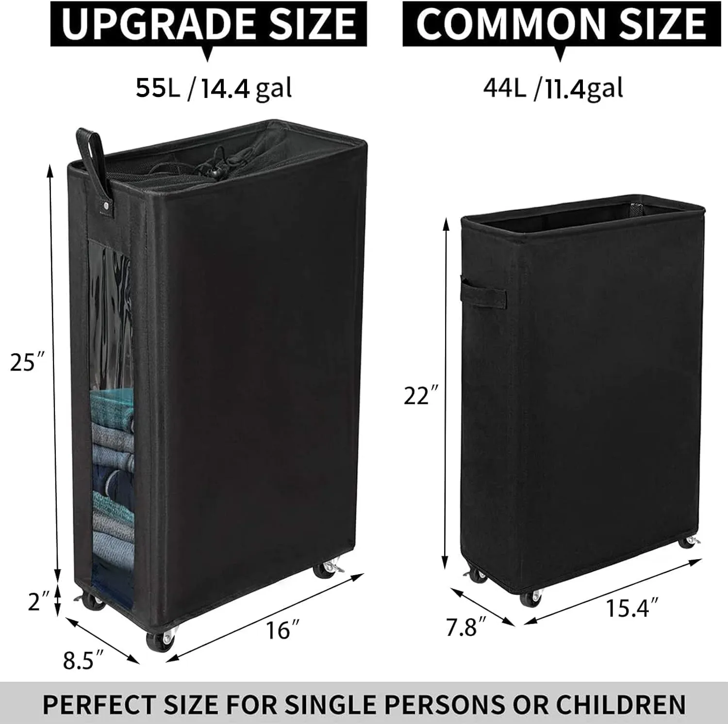 ZERO JET LAG 25 Inches Slim Laundry Storage Hamper - Large Rolling Clothes Hamper - Rolling Storage Bin - Tall Corner Basket - Clear Window Visible - Dirty Laundry Bin - (Black)