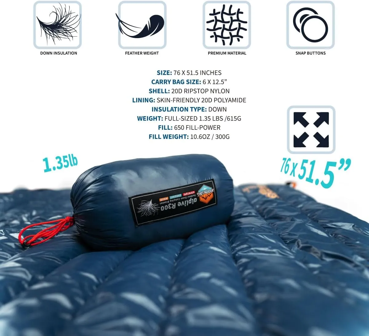 ZOOOBELIVES Ultralight Down Camping Blanket - 1.35lbs, 650 Fill Power Puffy Quilt. Compact & Warm Comforter for Travel, Beach, Hammock, Backpacking - Elevate Your Outdoor Comfort - AlpliveR300