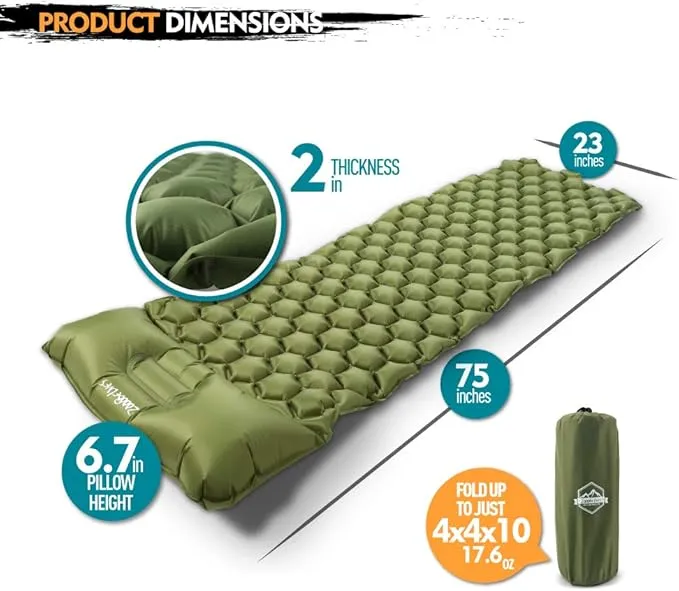 ZOOOBELIVES Ultralight Sleeping Pad with Built-in Pillow, Inflatable Camping Mattress for Backpacking, Traveling and Hiking, Compact and Portable Camp Mat