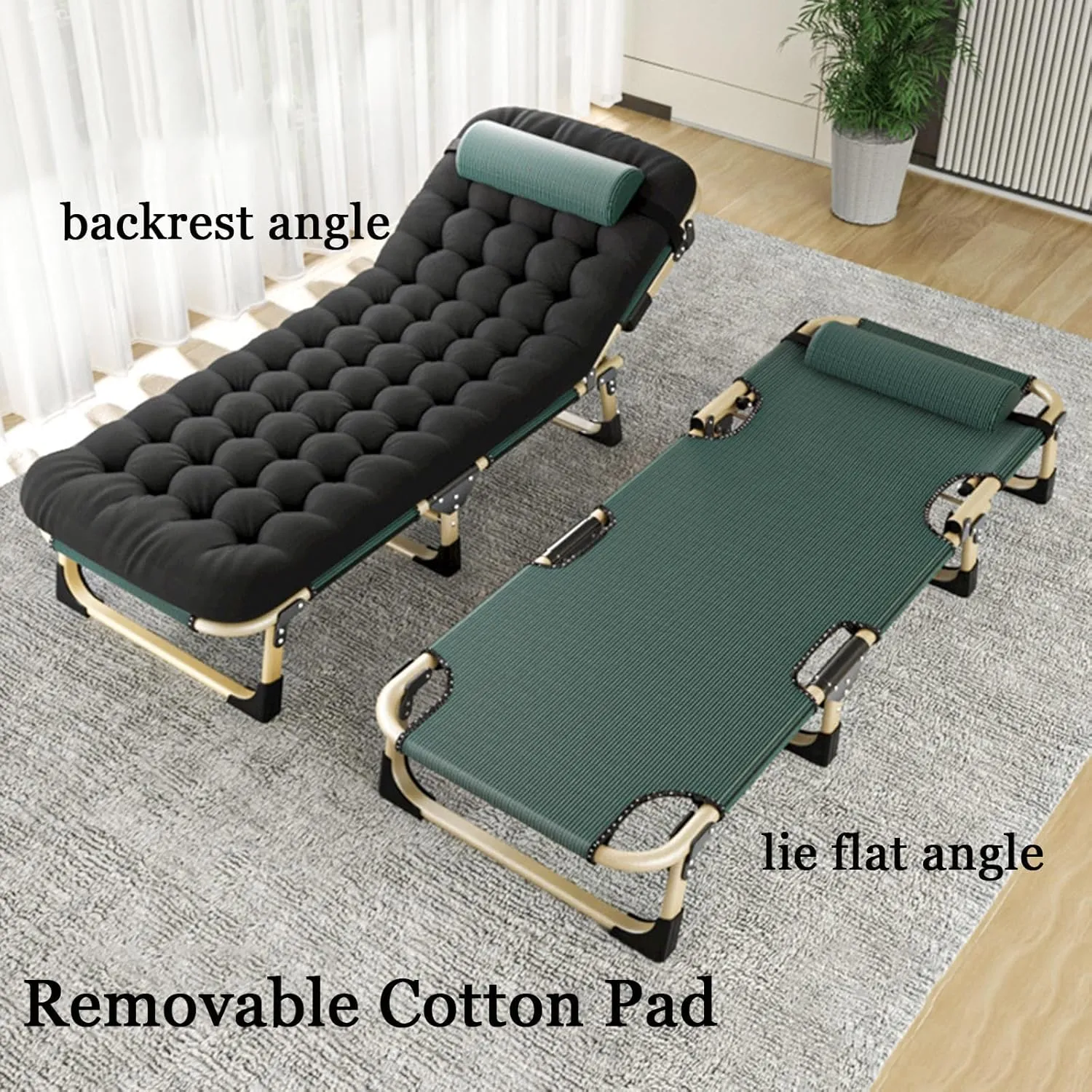 ZTGL Green b,193x68cm, Camping Cot for Adults, Oversized Adjustable 5-Position Folding Chaise Lounge Chair, Ultralight Folding Cot, Portable Recliner with Pillow, Sun Lounger